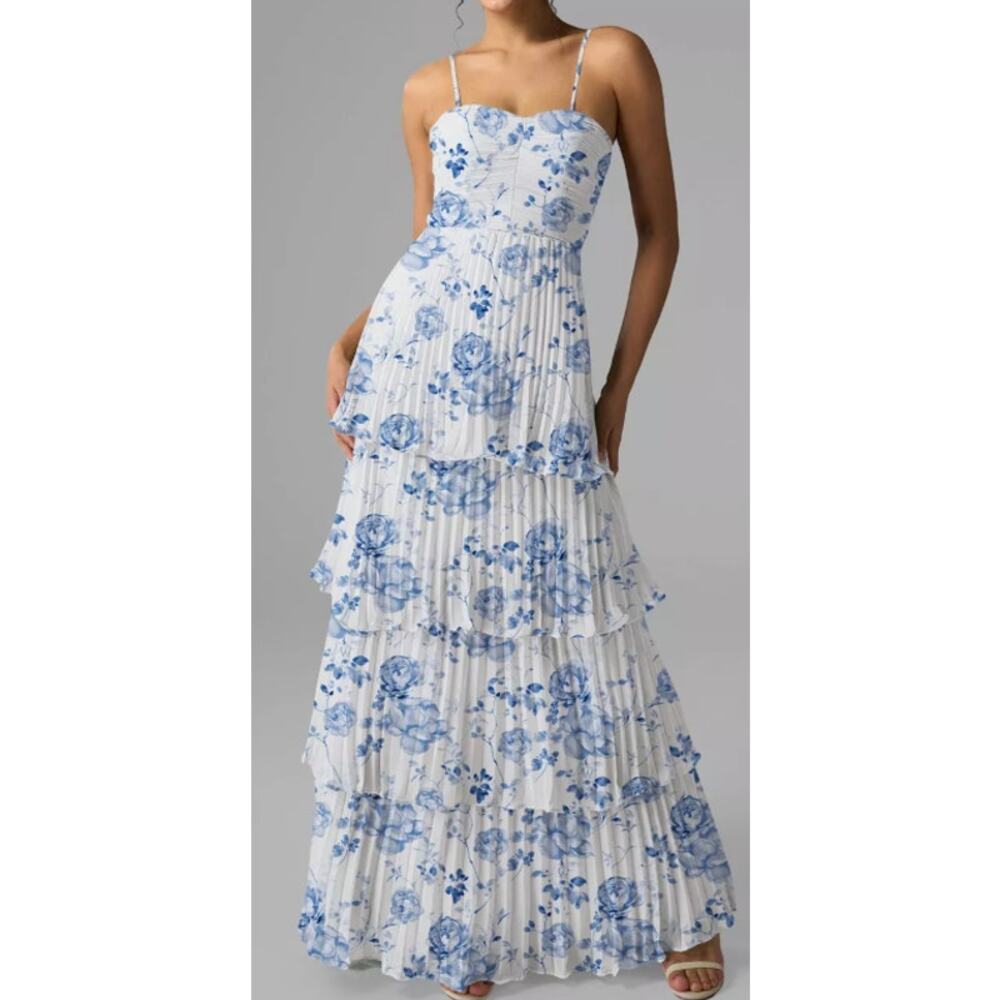 AW BRIDAL SZ 8 M white blue floral botanical chiffon tiered Ann maxi dress b31